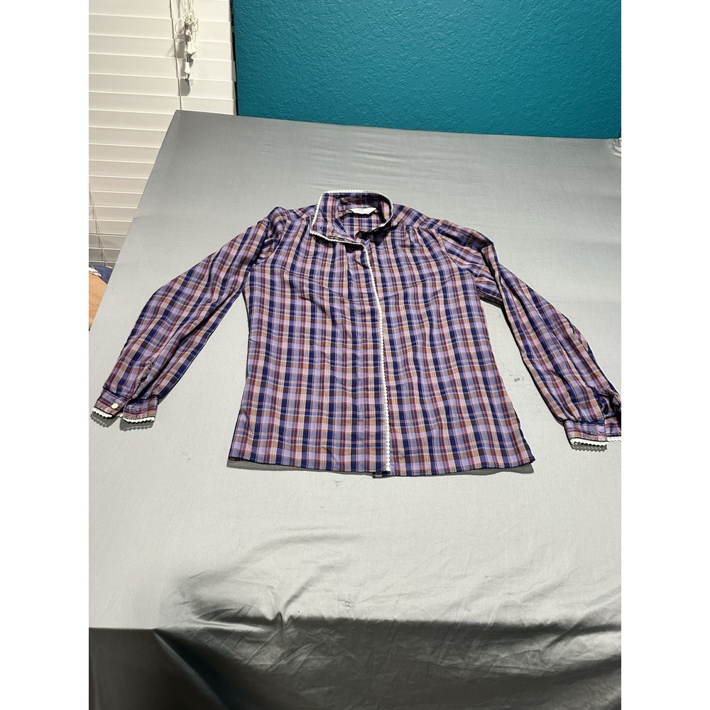 VTG 70s Sweetbriar Purple Plaid Button Up‎ S/M Cottage Grandma